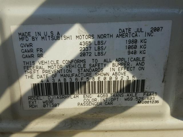 4A3AB36F58E009235 - 2008 MITSUBISHI GALANT ES WHITE photo 10