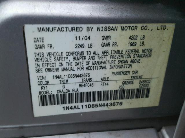 1N4AL11D85N443676 - 2005 NISSAN ALTIMA S SILVER photo 10