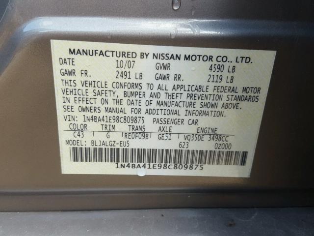 1N4BA41E98C809875 - 2008 NISSAN MAXIMA SE TAN photo 10