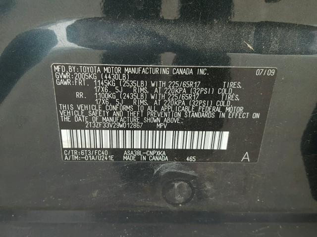 2T3ZF33V29W012867 - 2009 TOYOTA RAV4 GREEN photo 10