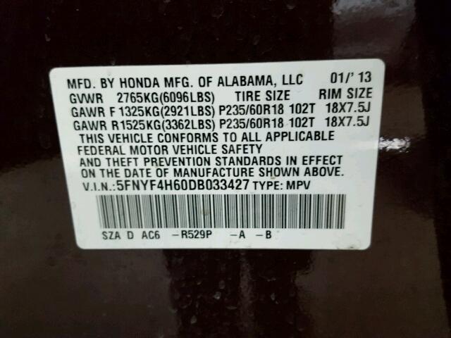 5FNYF4H60DB033427 - 2013 HONDA PILOT EXL MAROON photo 10