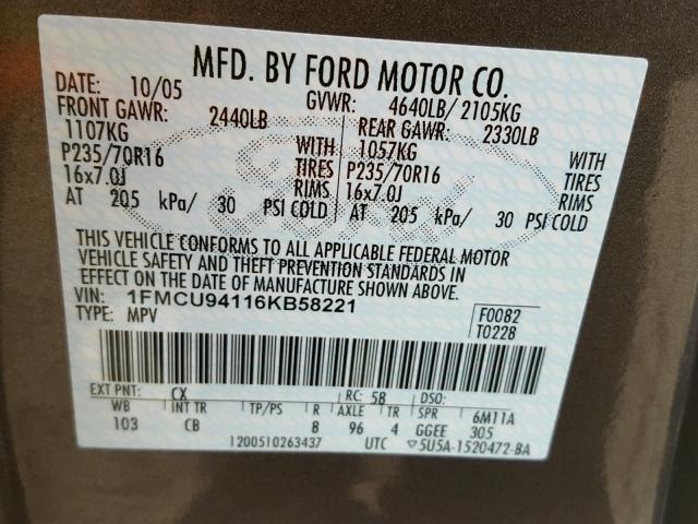 1FMCU94116KB58221 - 2006 FORD ESCAPE LIM GRAY photo 10