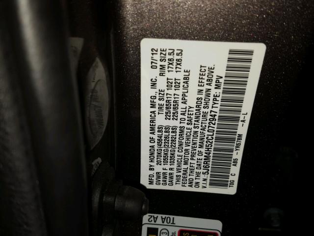 5J6RM4H52CL072947 - 2012 HONDA CR-V EX ნაცრისფერი ფოტო 10