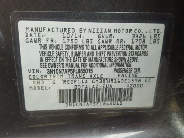 3N1CN7AP5FL865015 - 2015 NISSAN VERSA S CHARCOAL photo 10