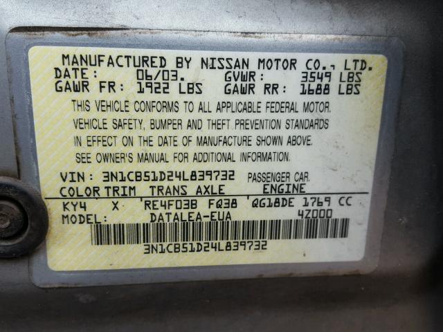 3N1CB51D24L839732 - 2004 NISSAN SENTRA 1.8 SILVER photo 10