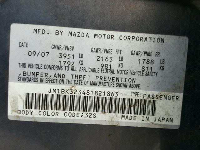 JM1BK323481821863 - 2008 MAZDA 3 S GRAY photo 10