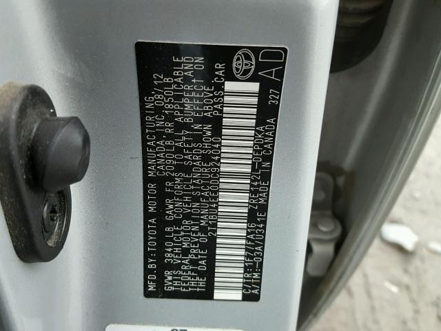 2T1BU4EE0DC924040 - 2013 TOYOTA COROLLA BA SILVER photo 10