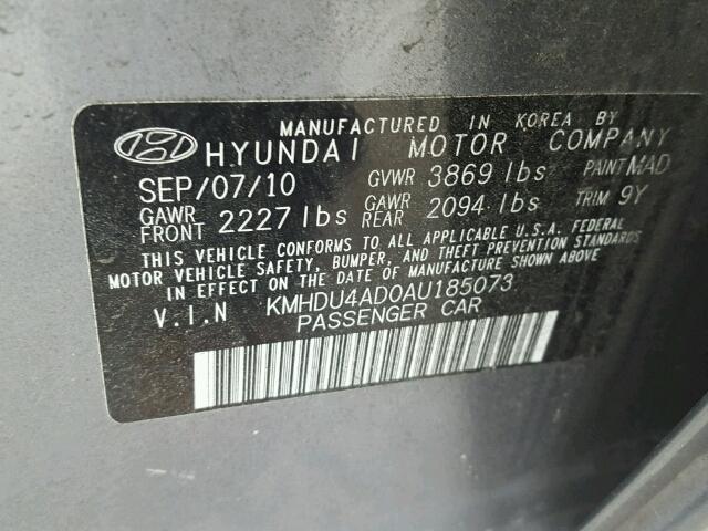 KMHDU4AD0AU185073 - 2010 HYUNDAI ELANTRA BL GRAY photo 10