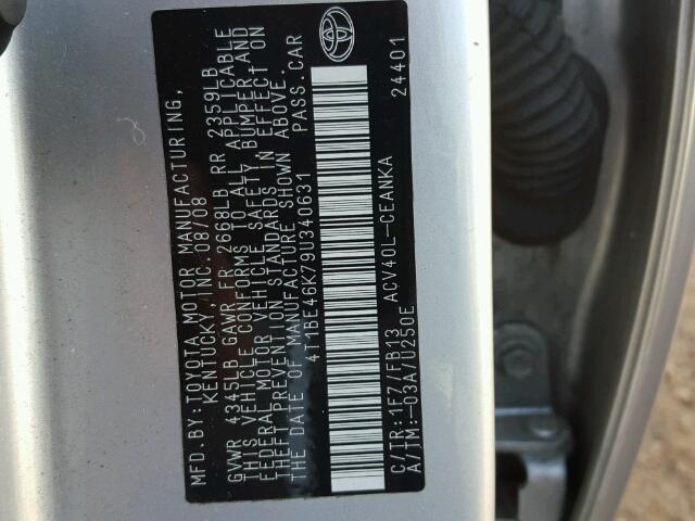 4T1BE46K79U340631 - 2009 TOYOTA CAMRY BASE SILVER photo 10