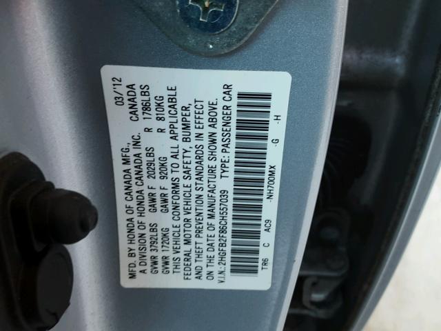 2HGFB2F86CH557039 - 2012 HONDA CIVIC EX SILVER photo 10