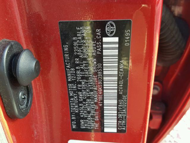 4T1BE46K59U398530 - 2009 TOYOTA CAMRY BASE RED photo 10