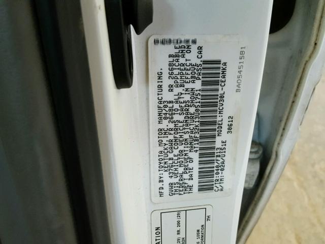 4T1BF32K13U051751 - 2003 TOYOTA CAMRY LE 白色 照片 10