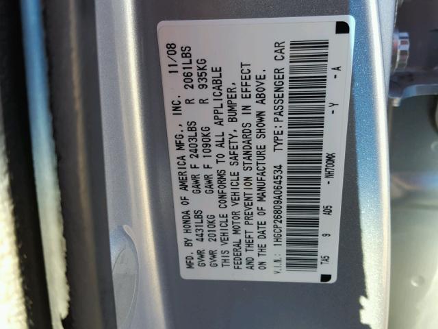 1HGCP26809A064534 - 2009 HONDA ACCORD EXL SILVER photo 10