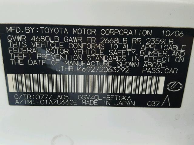 JTHBJ46G272063292 - 2007 LEXUS ES 350 WHITE photo 10