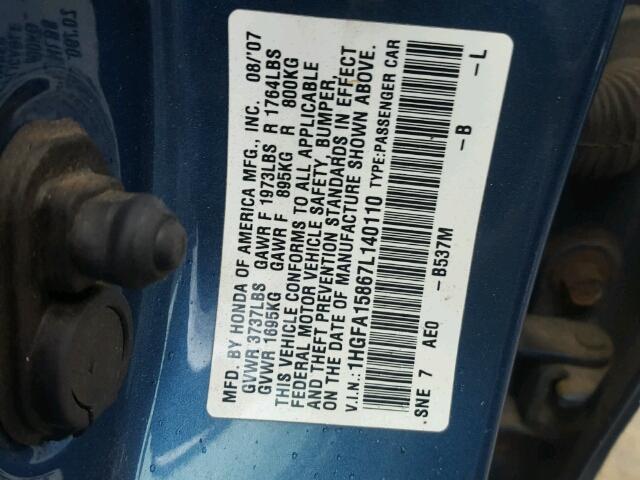 1HGFA15867L140110 - 2007 HONDA CIVIC EX BLUE photo 10