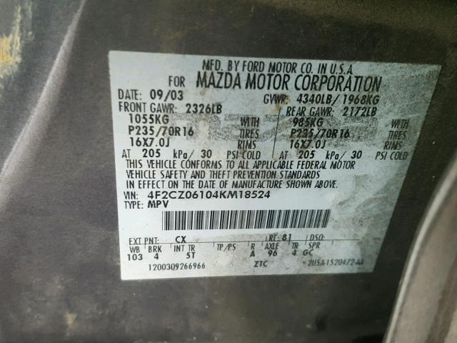 4F2CZ06104KM18524 - 2004 MAZDA TRIBUTE ES 灰色 照片 10