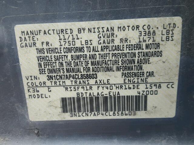 3N1CN7AP4CL858603 - 2012 NISSAN VERSA S GRAY photo 10