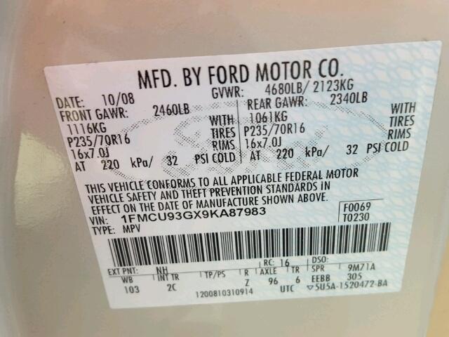 1FMCU93GX9KA87983 - 2009 FORD ESCAPE XLT BEIGE photo 10