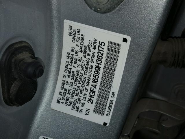 2HGFA16599H362175 - 2009 HONDA CIVIC LX SILVER photo 10