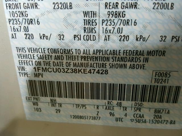 1FMCU03Z38KE47428 - 2008 FORD ESCAPE XLT BEIGE photo 10