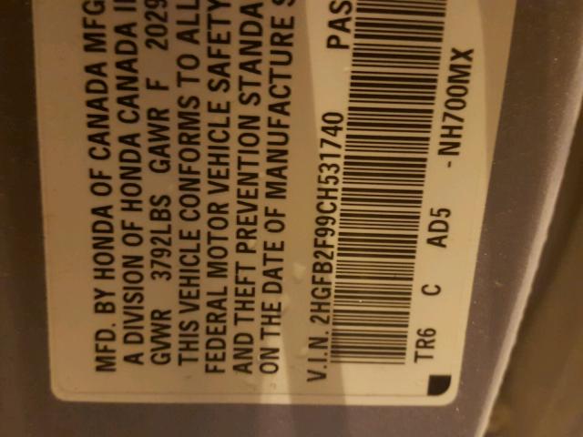 2HGFB2F99CH531740 - 2012 HONDA CIVIC EXL 银色 照片 10