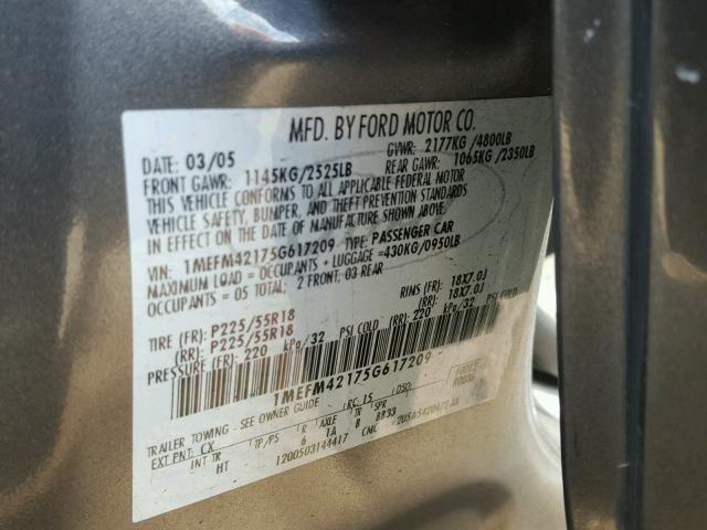 1MEFM42175G617209 - 2005 MERCURY MONTEGO PR 灰色 照片 10