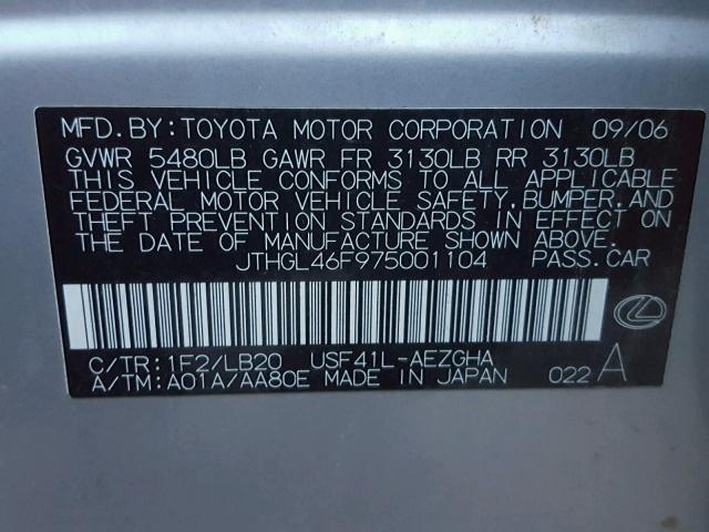 JTHGL46F975001104 - 2007 LEXUS LS 460L GRAY photo 10