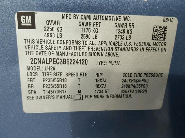 2CNALPEC3B6224120 - 2011 CHEVROLET EQUINOX LT BLUE photo 10