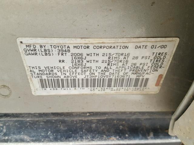 JT3HP10V5Y7163671 - 2000 TOYOTA RAV4 SILVER photo 10