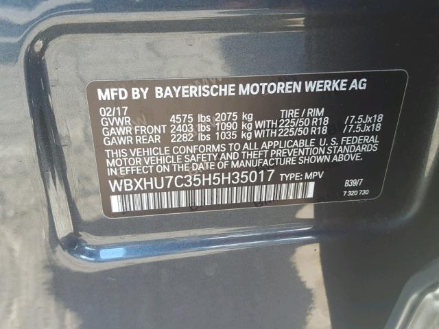 WBXHU7C35H5H35017 - 2017 BMW X1 SDRIVE2 GRAY photo 10