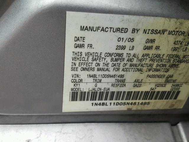 1N4BL11D05N461495 - 2005 NISSAN ALTIMA SE SILVER photo 10