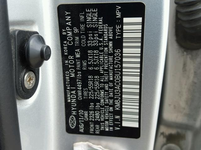 KM8JU3AC0BU157036 - 2011 HYUNDAI TUCSON GLS SILVER photo 10