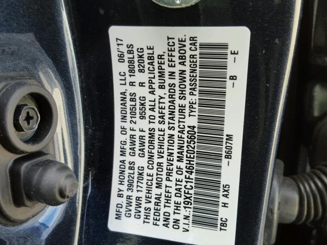 19XFC1F46HE025604 - 2017 HONDA CIVIC EX ლურჯი ფოტო 10