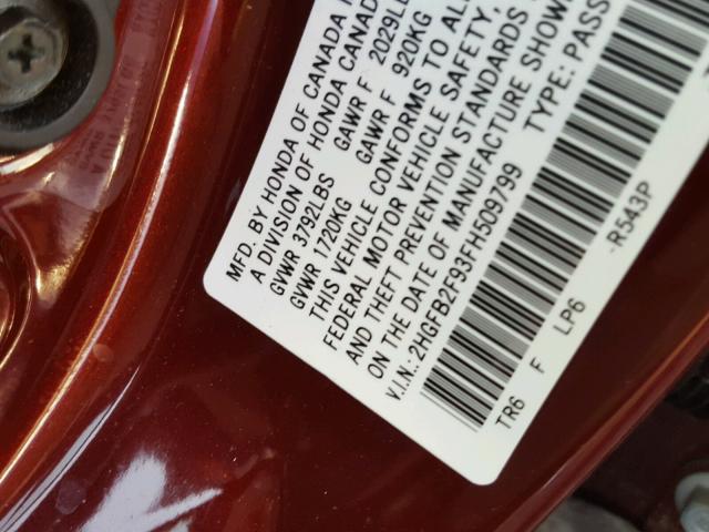 2HGFB2F93FH509799 - 2015 HONDA CIVIC EXL MAROON photo 10