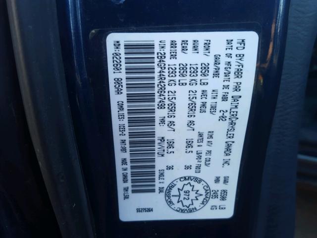 2B4GP44R42R647498 - 2002 DODGE GRAND CARA BLUE photo 10