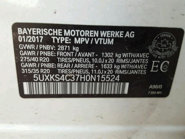 5UXKS4C37H0N15524 - 2017 BMW X5 XDRIVE3 WHITE photo 10