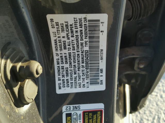 19XFA16559E043253 - 2009 HONDA CIVIC LX CHARCOAL photo 10