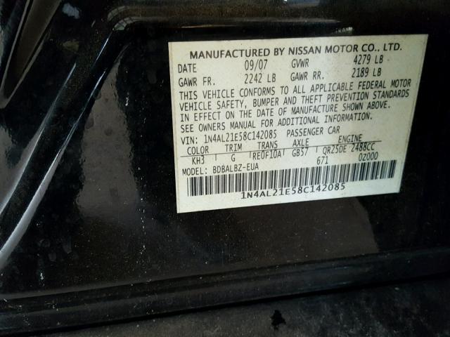 1N4AL21E58C142085 - 2008 NISSAN ALTIMA 2.5 BLACK photo 10