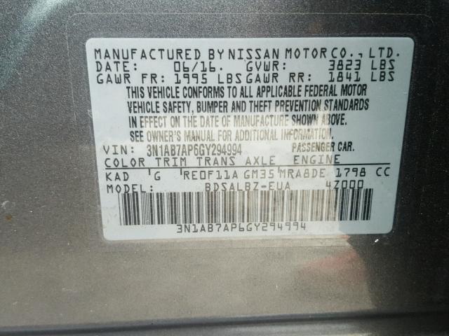 3N1AB7AP6GY294994 - 2016 NISSAN SENTRA S GRAY photo 10