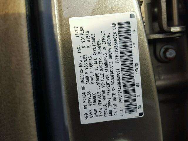 1HGCP26468A048091 - 2008 HONDA ACCORD LXP GOLD photo 10