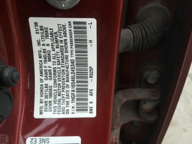 1HGFA16546L045340 - 2006 HONDA CIVIC LX MAROON photo 10