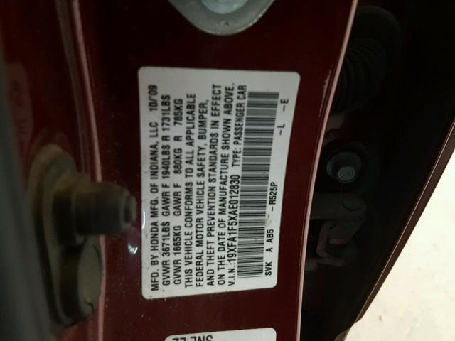 19XFA1F5XAE012830 - 2010 HONDA CIVIC LX RED photo 10