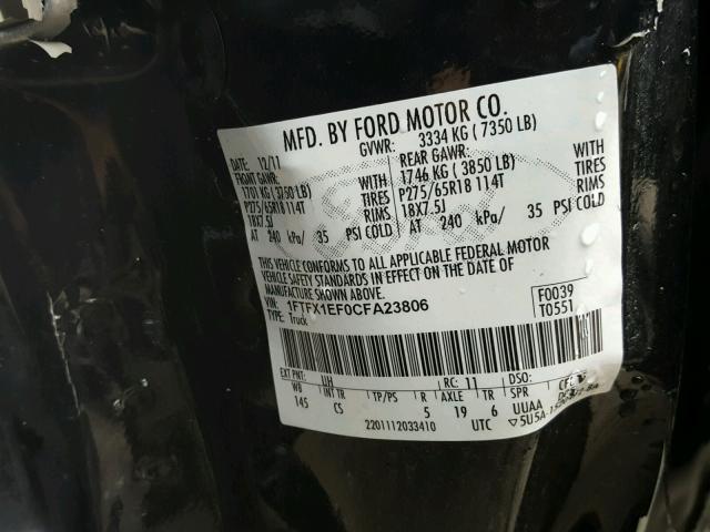 1FTFX1EF0CFA23806 - 2012 FORD F150 SUPER BLACK photo 10