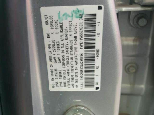 1HGCM56337A226894 - 2007 HONDA ACCORD SE SILVER photo 10