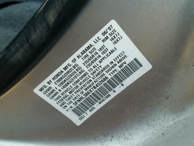 5FNRL386X7B452686 - 2007 HONDA ODYSSEY EX SILVER photo 10