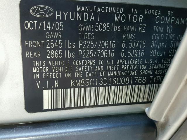 KM8SC13D16U081768 - 2006 HYUNDAI SANTA FE G GRAY photo 10