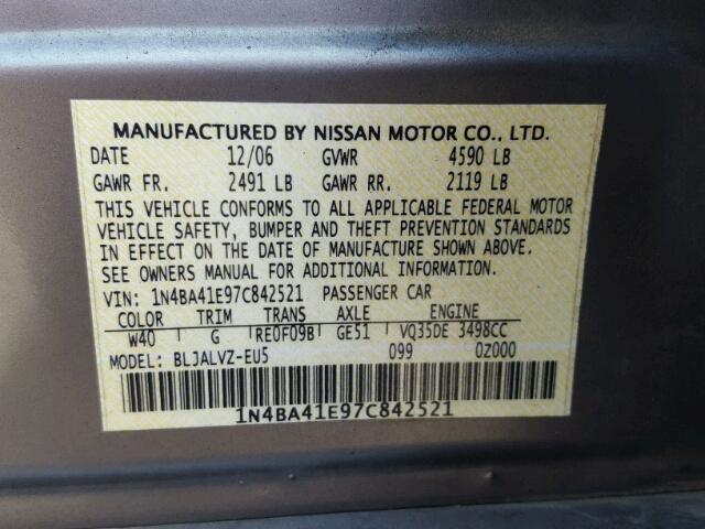 1N4BA41E97C842521 - 2007 NISSAN MAXIMA SE SILVER photo 10