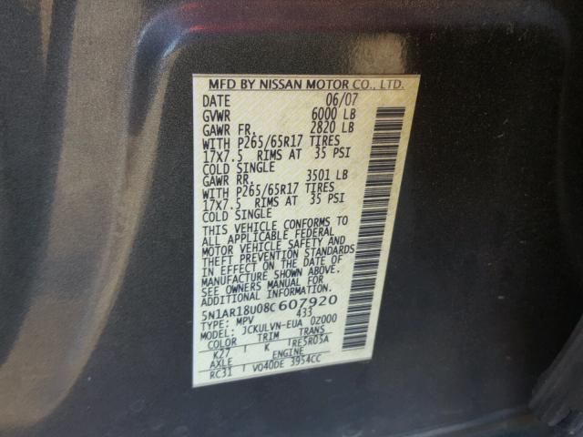 5N1AR18U08C607920 - 2008 NISSAN PATHFINDER CHARCOAL photo 10