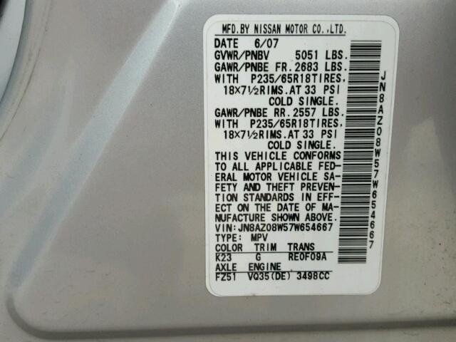 JN8AZ08W57W654667 - 2007 NISSAN MURANO SL SILVER photo 10