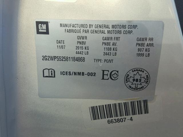 2G2WP552581184868 - 2008 PONTIAC GRAND PRIX ოქროსფერი ფოტო 10